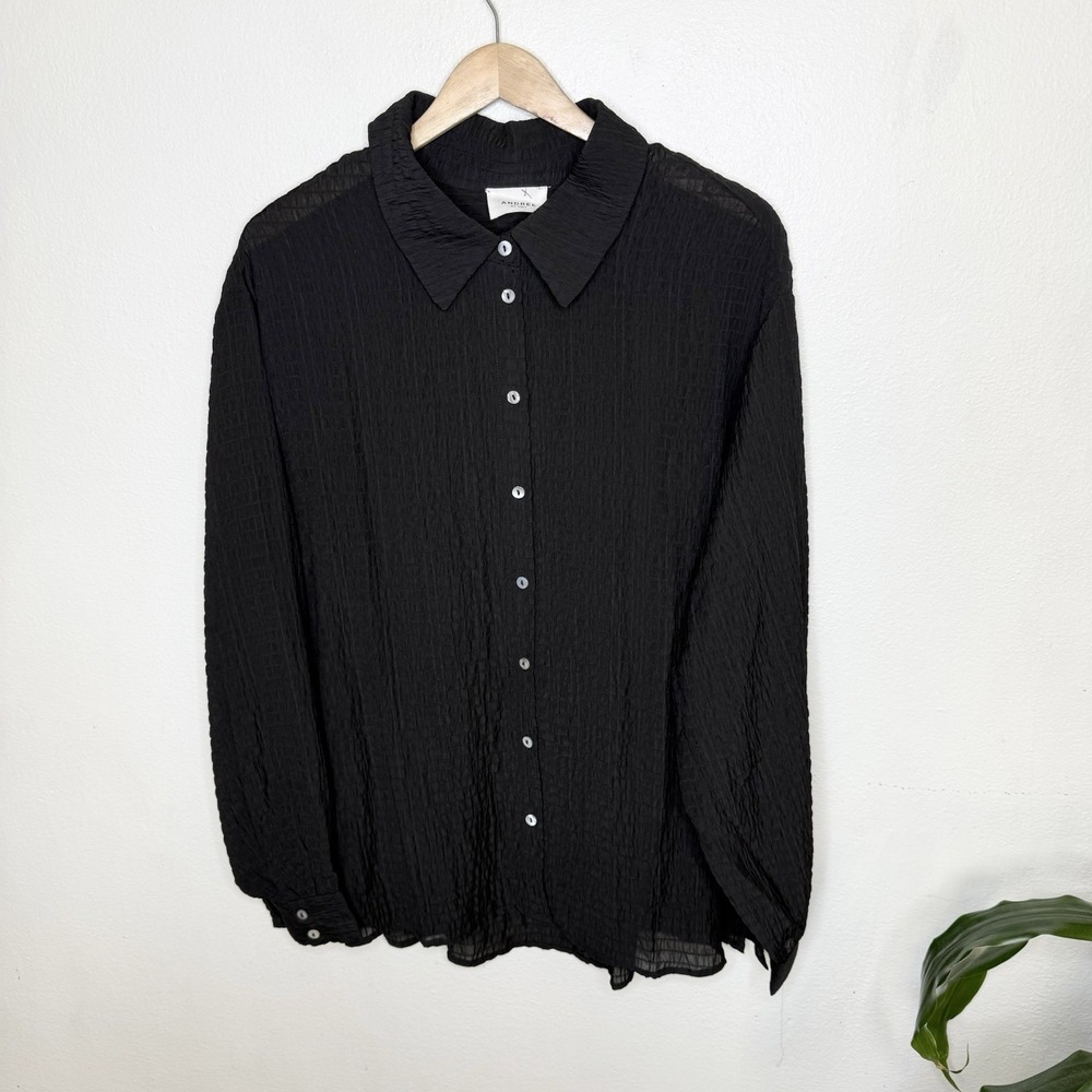 Andree‎ By Unit Black Crinkle Longsleeve Tunic Top Blouse Womens 1X Button Up